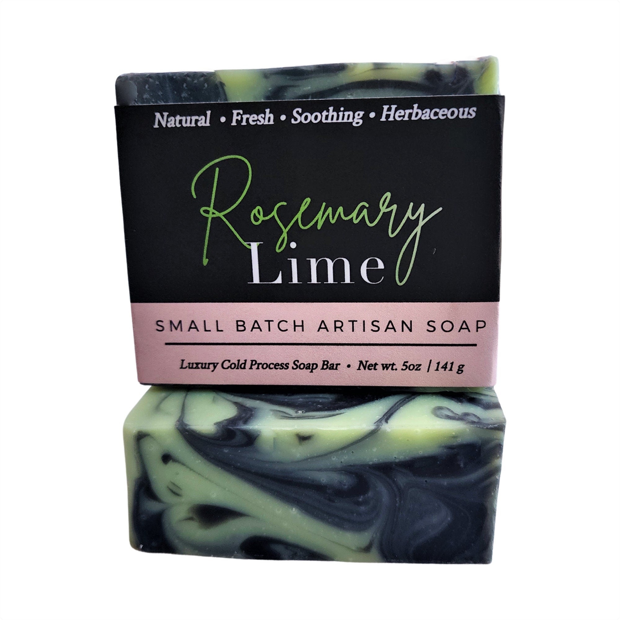 Rosemary Lime Soap bar with green clay and activated charcoal, wrapped and labeled, showcasing its natural ingredients and luxurious texture.