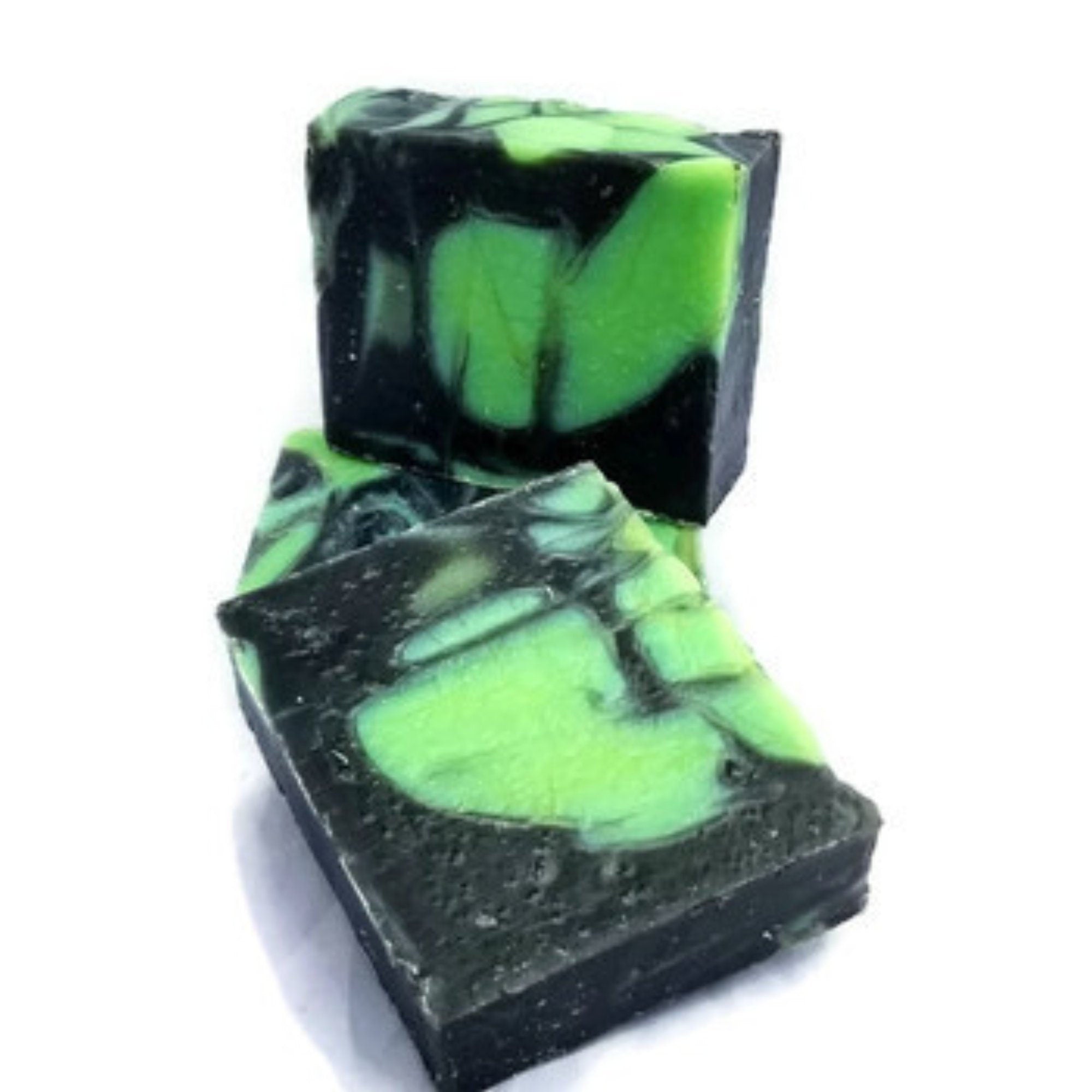 Rosemary Lime Soap bar with green clay and activated charcoal, wrapped and labeled, showcasing its natural ingredients and luxurious texture.