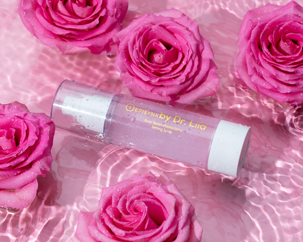 A bottle of Rosewater Facial Toner with a floral design, showcasing its hydrating and toning properties.