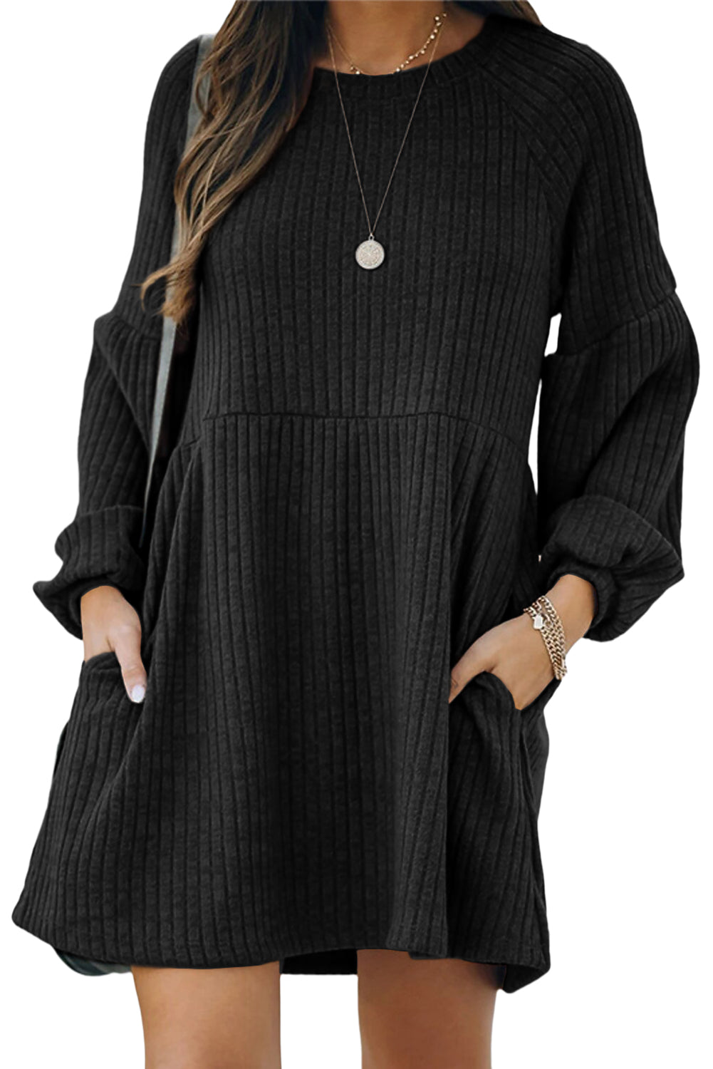 A stylish Round Neck Empire Waist Ribbed Knit Dress featuring a relaxed fit, ribbed texture, bubble sleeves, and side pockets.