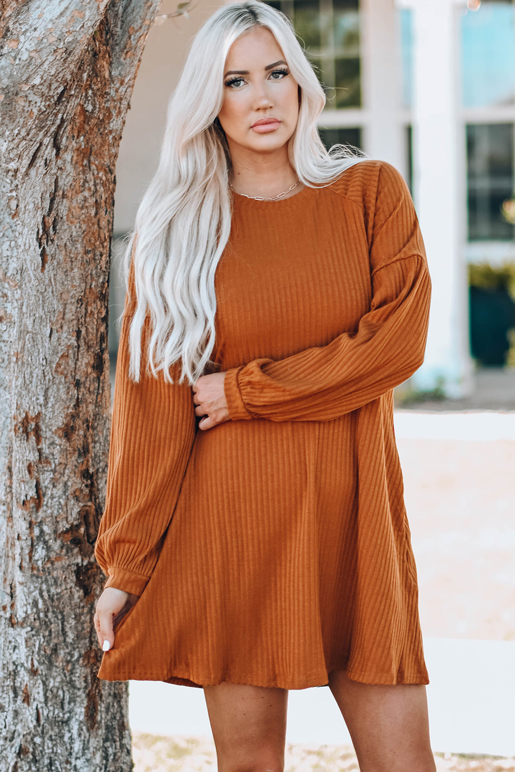 A stylish Round Neck Empire Waist Ribbed Knit Dress featuring a relaxed fit, ribbed texture, bubble sleeves, and side pockets.