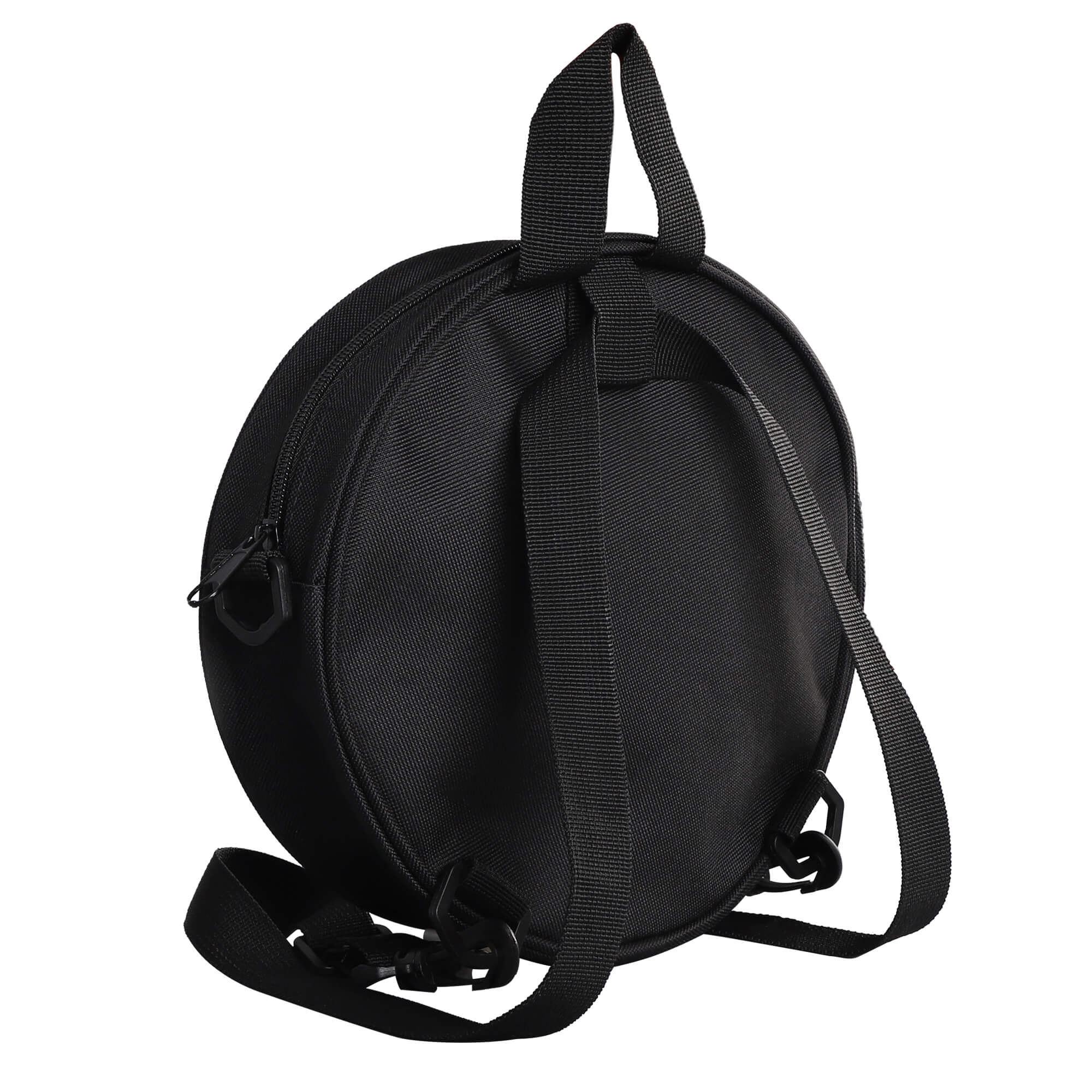 A stylish round satchel bag made of polyester canvas, featuring a black back and adjustable shoulder strap, perfect for casual outings.