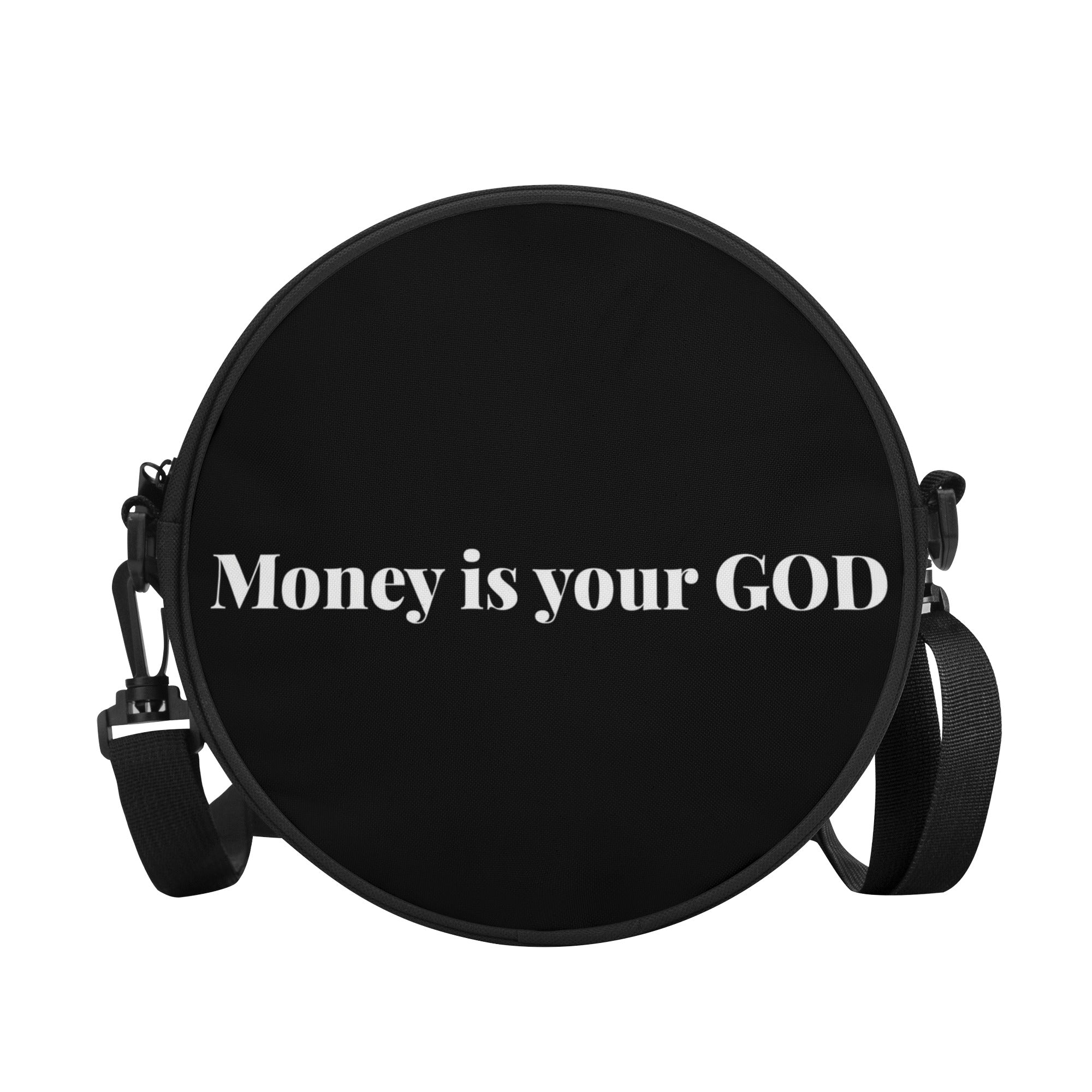 A stylish round satchel bag made from durable polyester canvas, featuring a black back and adjustable shoulder strap, ideal for school and outdoor use.