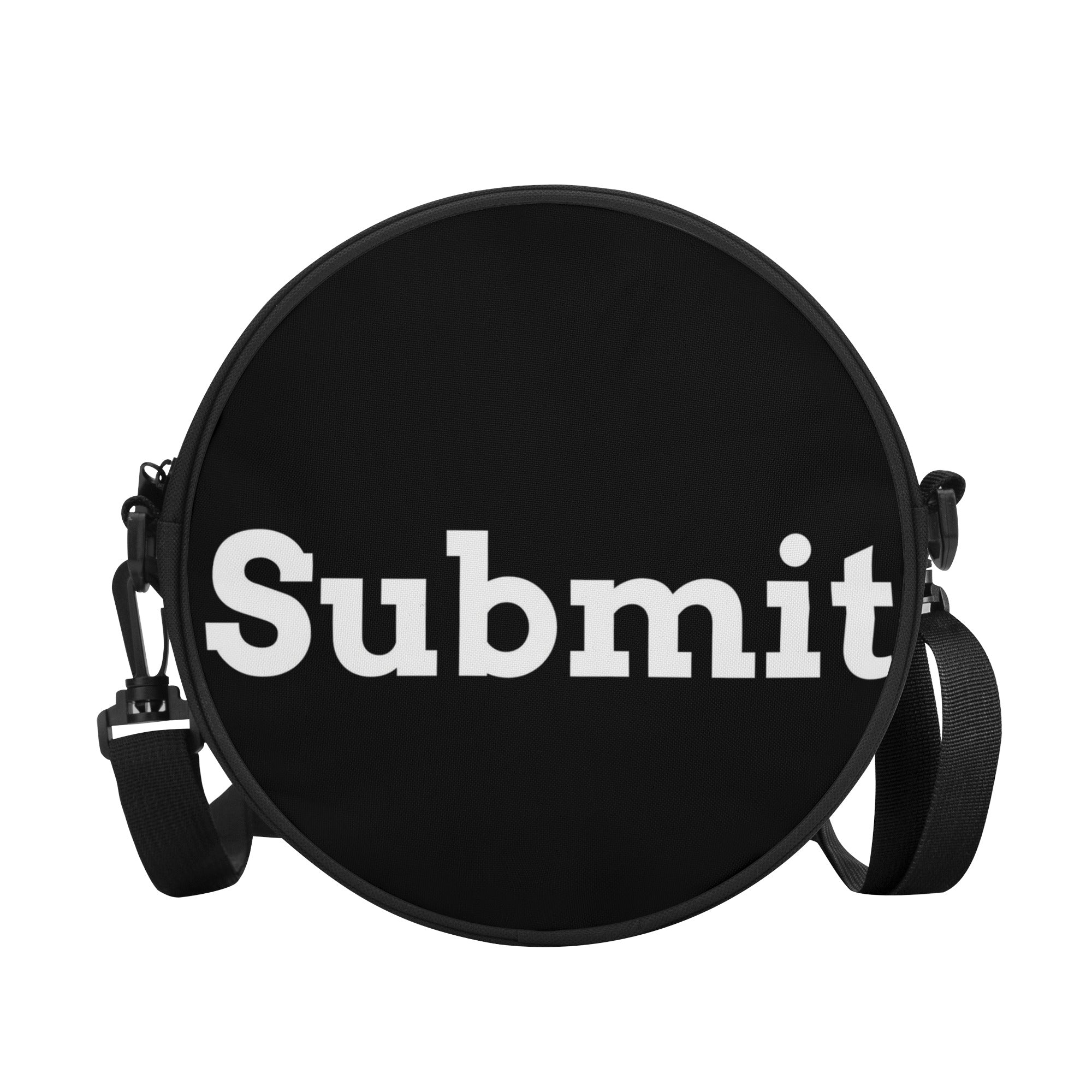 A stylish round satchel bag made of durable polyester canvas, featuring a zippered closure and adjustable shoulder strap, perfect for various occasions.