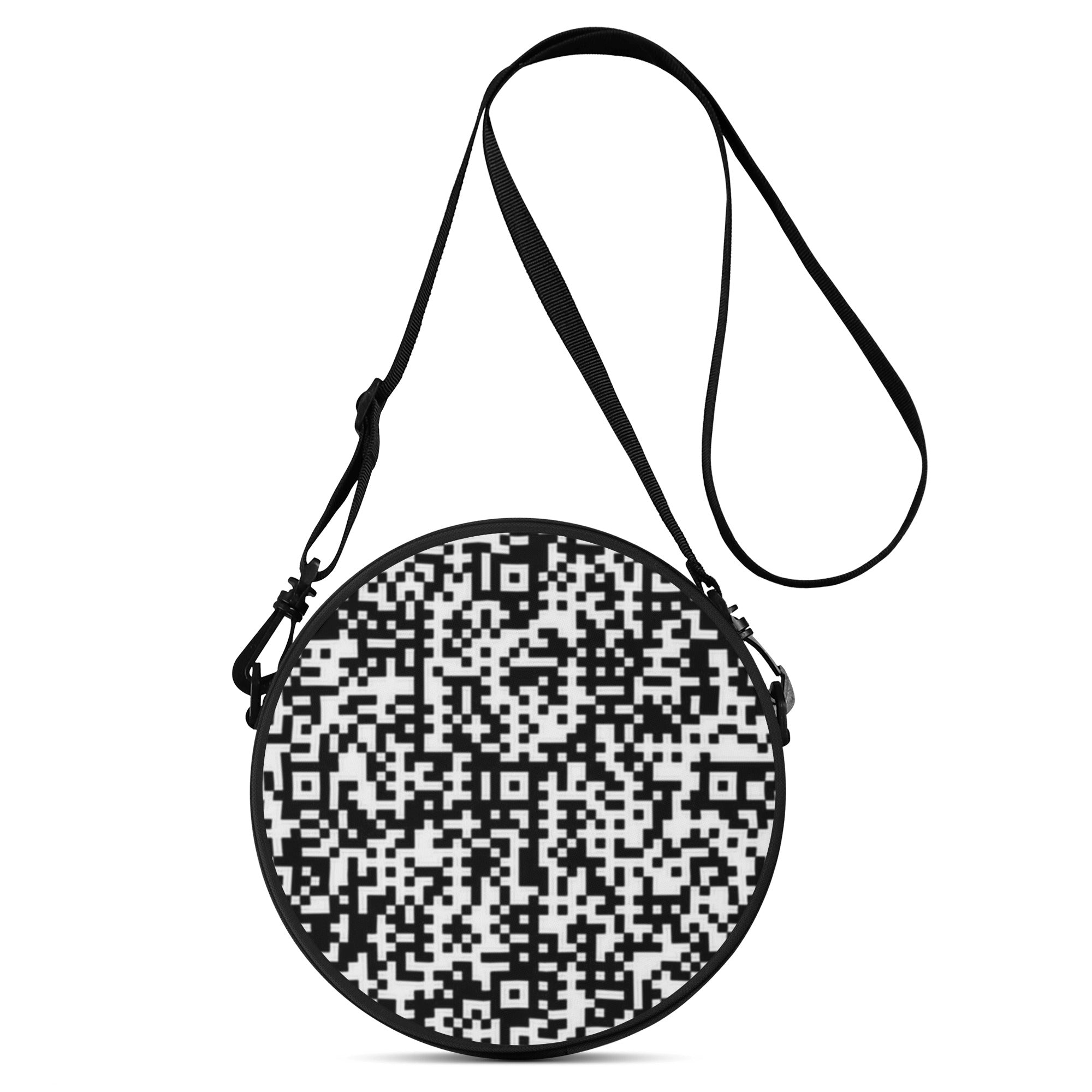 A stylish round satchel bag made of polyester canvas fabric, featuring a black back and adjustable shoulder strap, perfect for school and outdoor use.