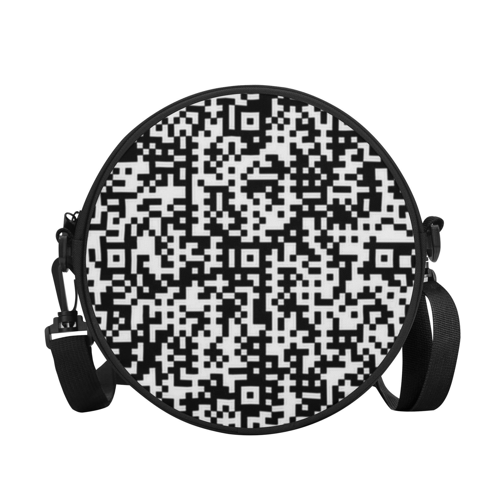 A stylish round satchel bag made of polyester canvas fabric, featuring a black back and adjustable shoulder strap, perfect for school and outdoor use.