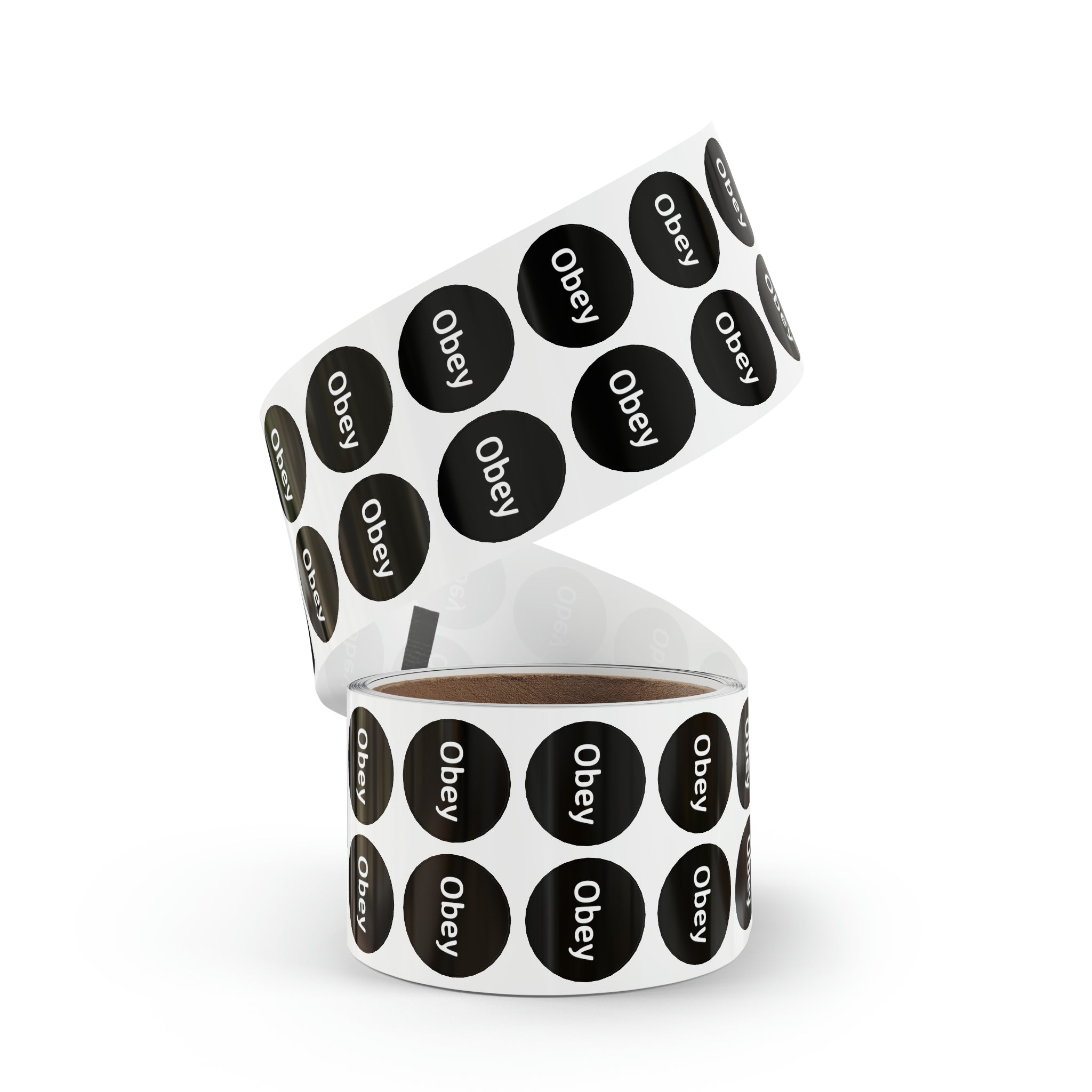 Round sticker label rolls in glossy finish, showcasing 1'' x 1'' and 2'' x 2'' sizes, made from durable BOPP material.