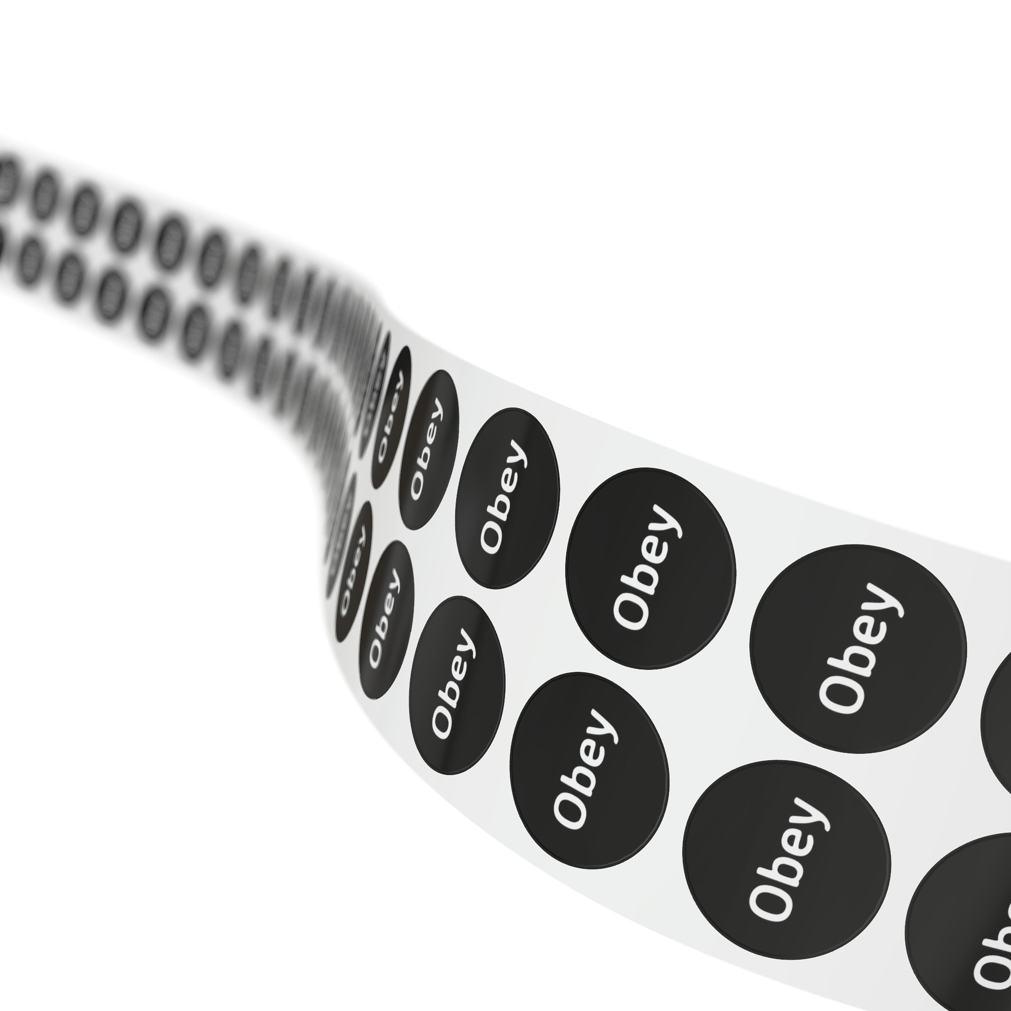 Round sticker label rolls in glossy finish, showcasing 1'' x 1'' and 2'' x 2'' sizes, made from durable BOPP material.