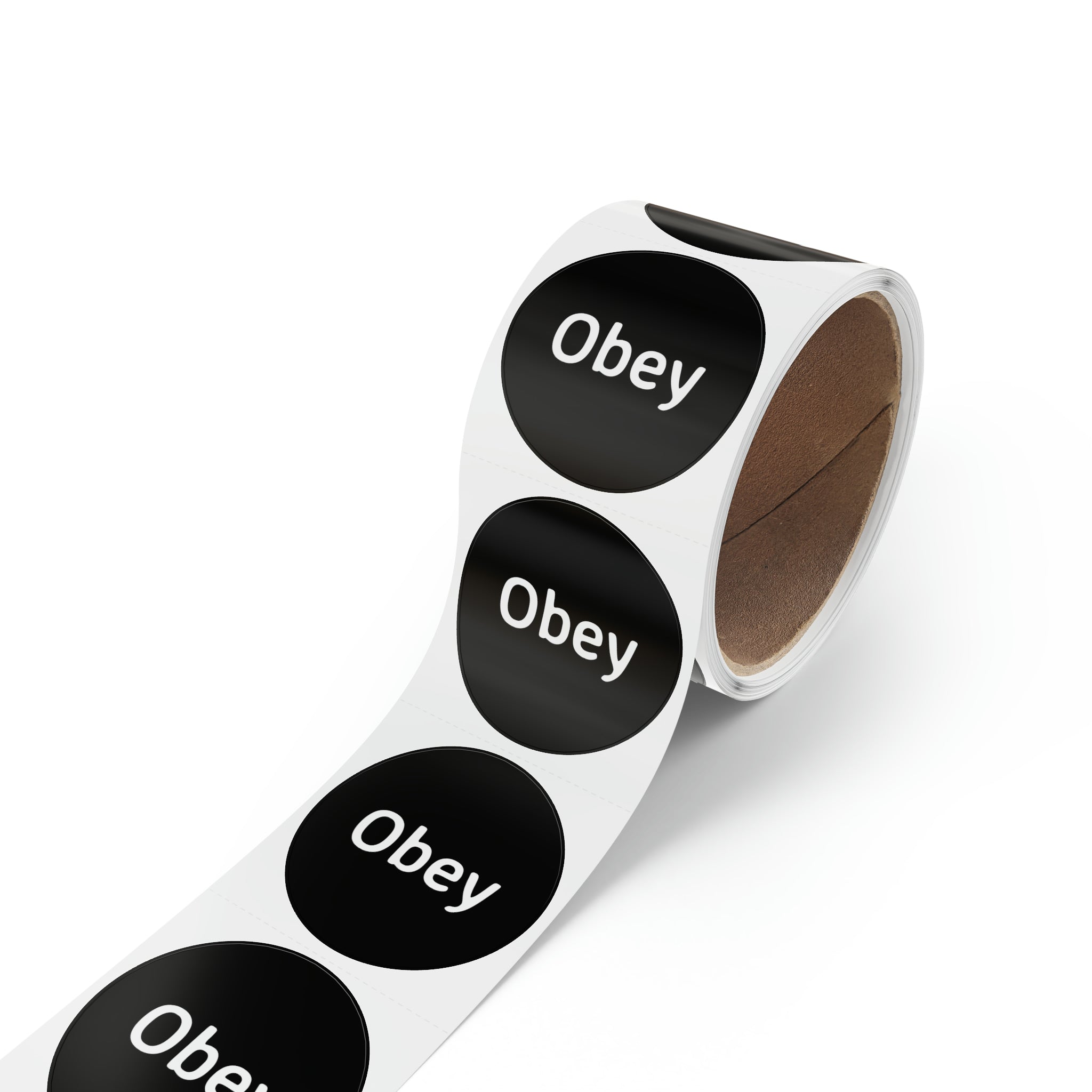 Round sticker label rolls in glossy finish, showcasing 1'' x 1'' and 2'' x 2'' sizes, made from durable BOPP material.