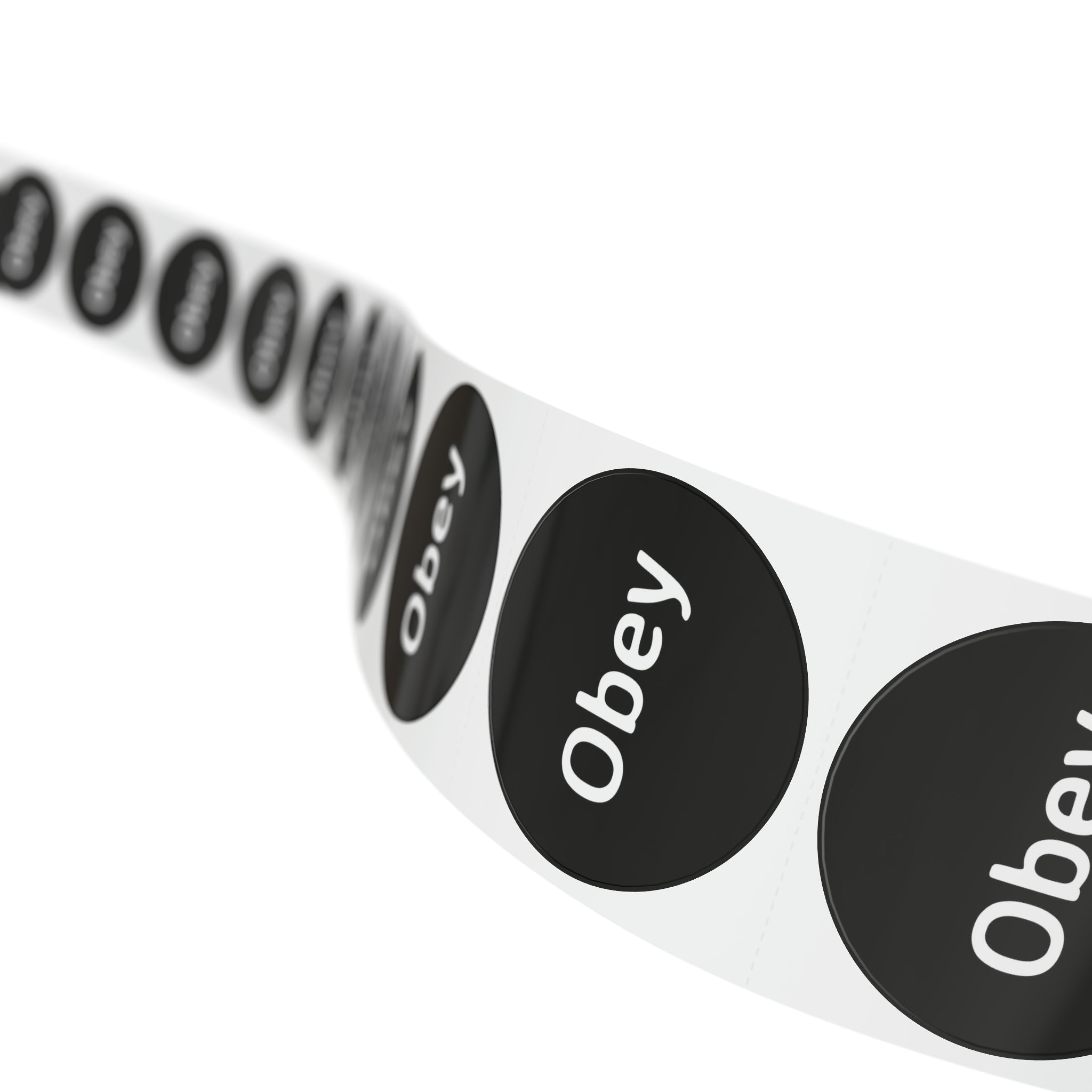 Round sticker label rolls in glossy finish, showcasing 1'' x 1'' and 2'' x 2'' sizes, made from durable BOPP material.