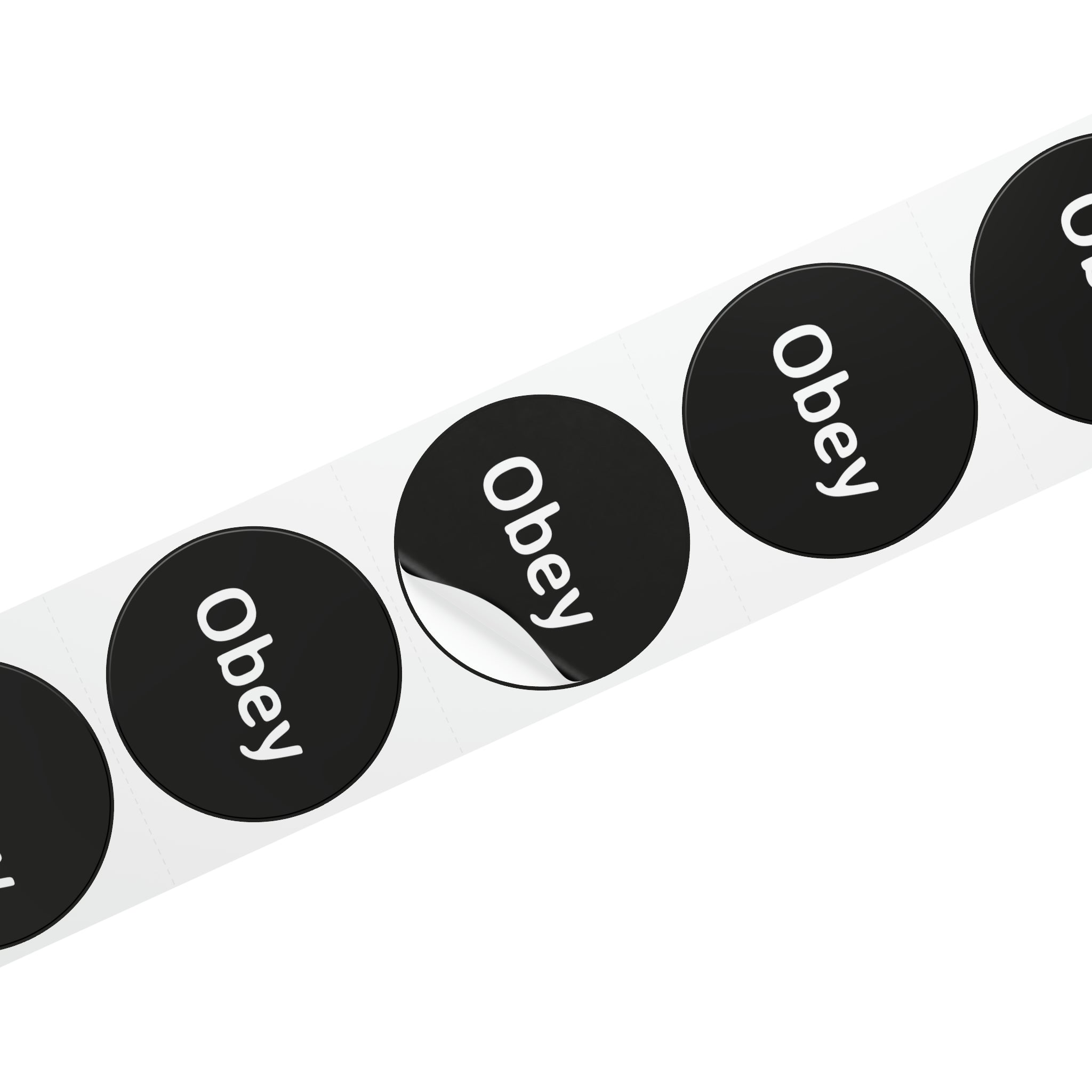 Round sticker label rolls in glossy finish, showcasing 1'' x 1'' and 2'' x 2'' sizes, made from durable BOPP material.