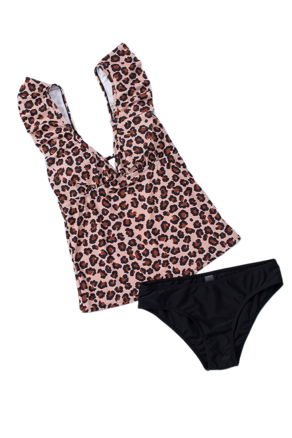 Ruffled Leopard Tankini Top paired with Solid Color Panty Swimwear, showcasing stylish design and comfortable fit for summer beach outings.