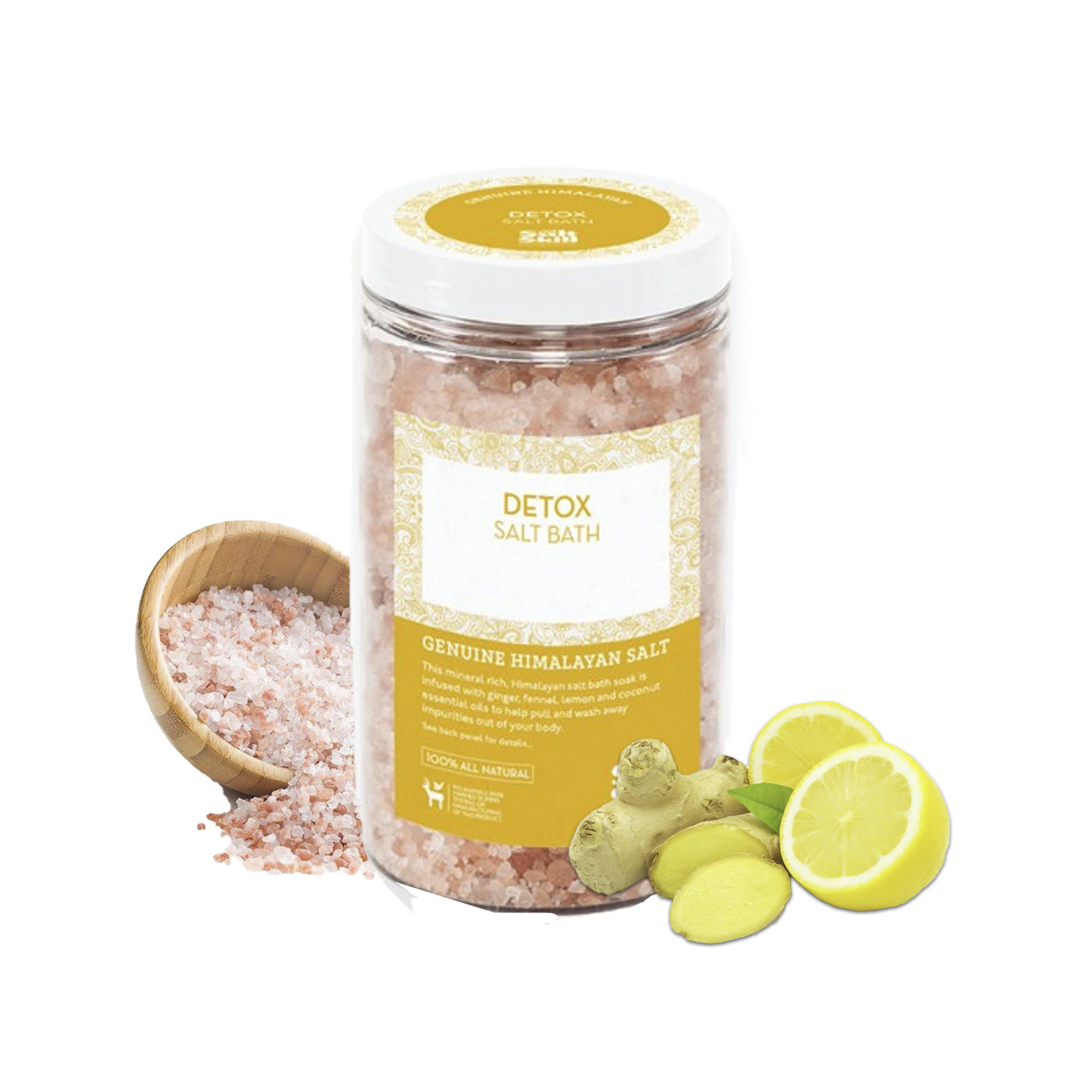 A 32 oz container of Salt Skill Natural Himalayan Soaking Bath Salts, featuring a blend of Himalayan salt and essential oils in a serene setting.