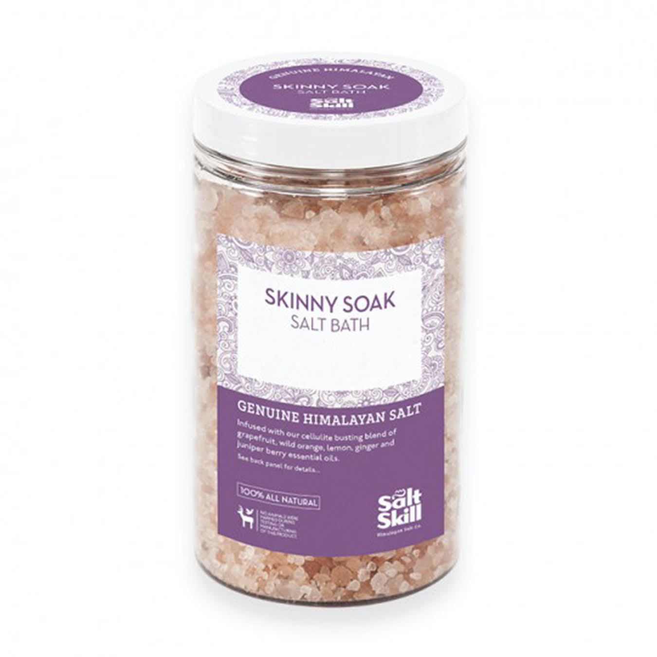 A 32 oz jar of Salt Skill Natural Himalayan Soaking Bath Salts, featuring a blend of pink Himalayan salt and essential oils, ideal for a relaxing bath experience.