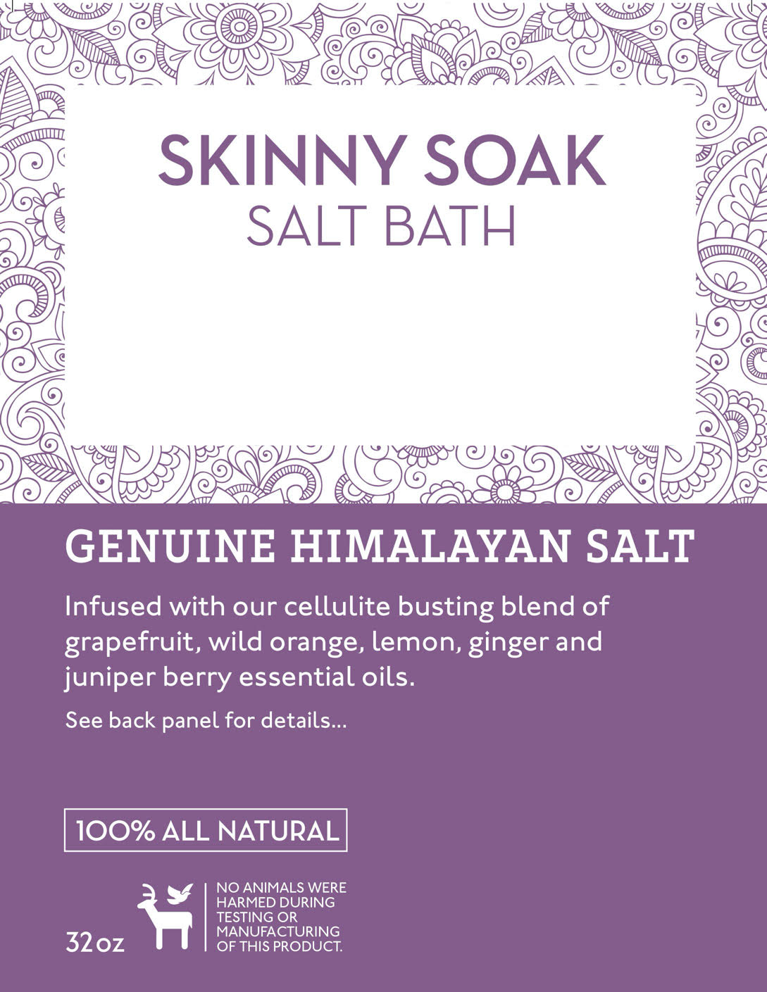 A 32 oz jar of Salt Skill Natural Himalayan Soaking Bath Salts, featuring a blend of pink Himalayan salt and essential oils, ideal for a relaxing bath experience.