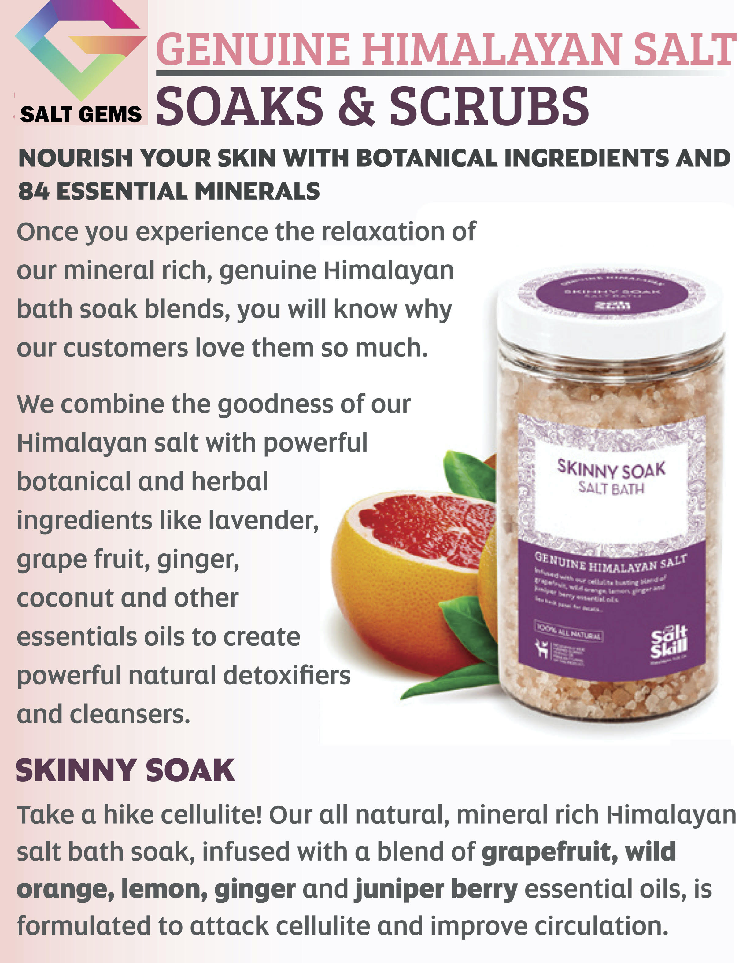 A 32 oz jar of Salt Skill Natural Himalayan Soaking Bath Salts, featuring a blend of pink Himalayan salt and essential oils, ideal for a relaxing bath experience.