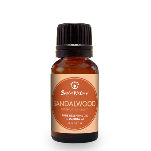 A bottle of Sandalwood Essential Oil blended with Jojoba Oil, showcasing its rich, golden color and elegant packaging.