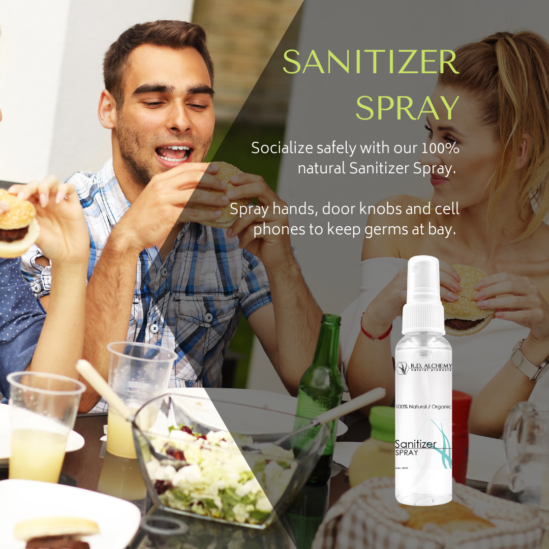 A 2 oz bottle of Sanitizer Spray with a fresh scent, designed for effective germ-killing without drying hands.