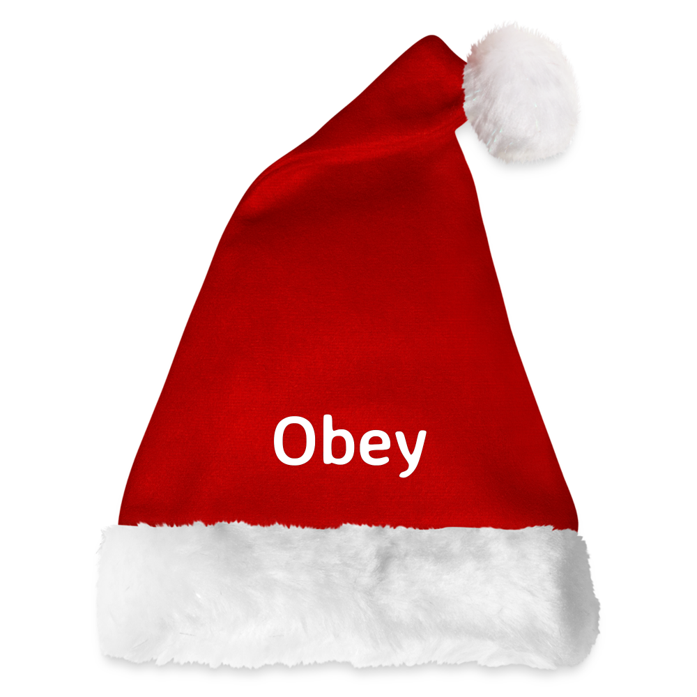 Festive Santa Hat - 'Obey' made of soft plush material with a fluffy white pom-pom, perfect for holiday celebrations.