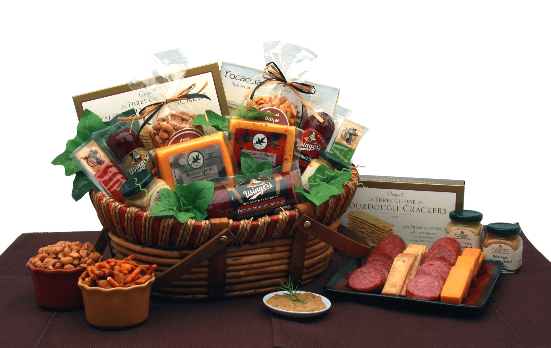 Savory Favorites Meat and Cheese Gift Basket featuring gourmet meats, cheeses, and crackers in a handcrafted wooden basket.