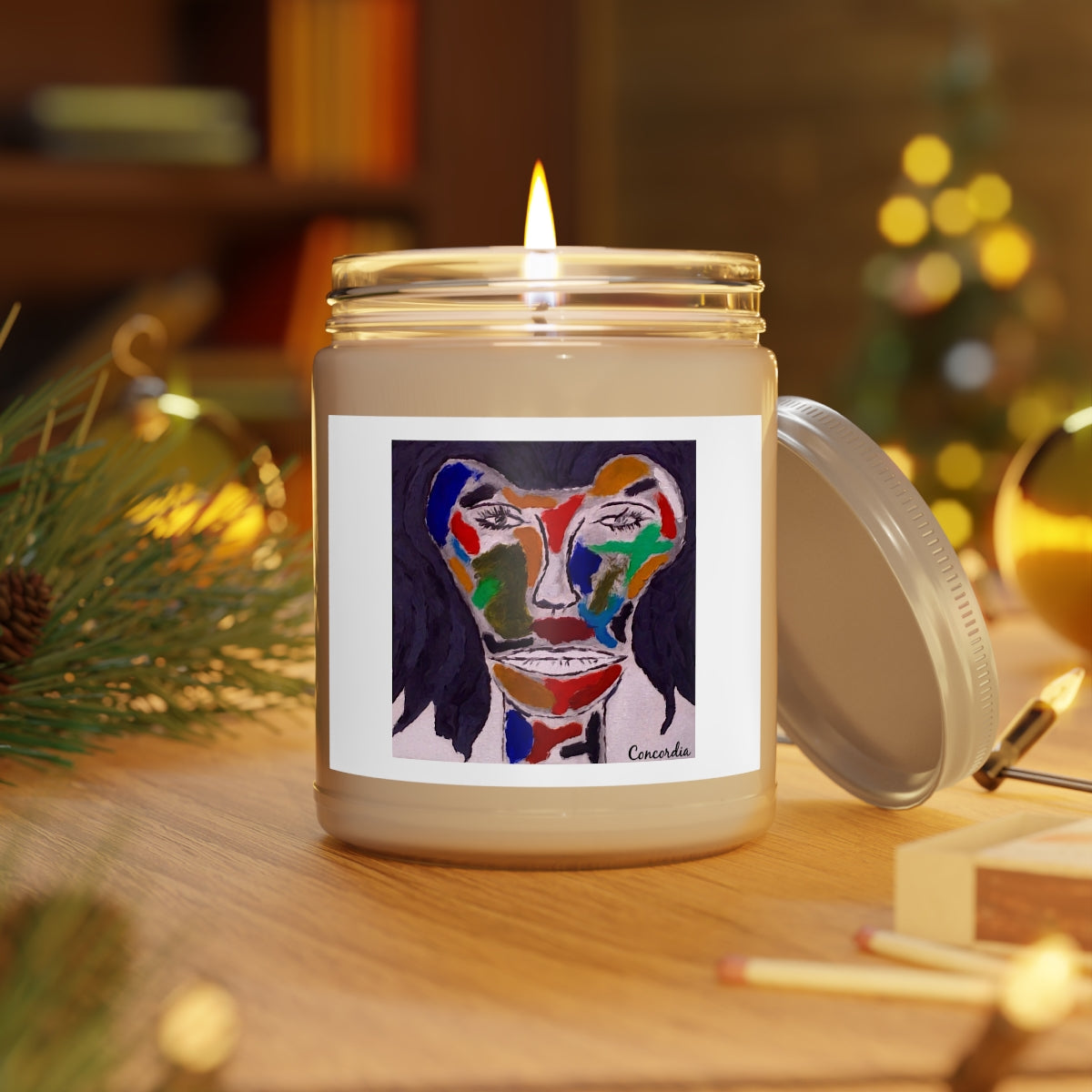 A 9oz scented candle in a custom jar with a cotton wick, showcasing a warm glow and a personalized label.