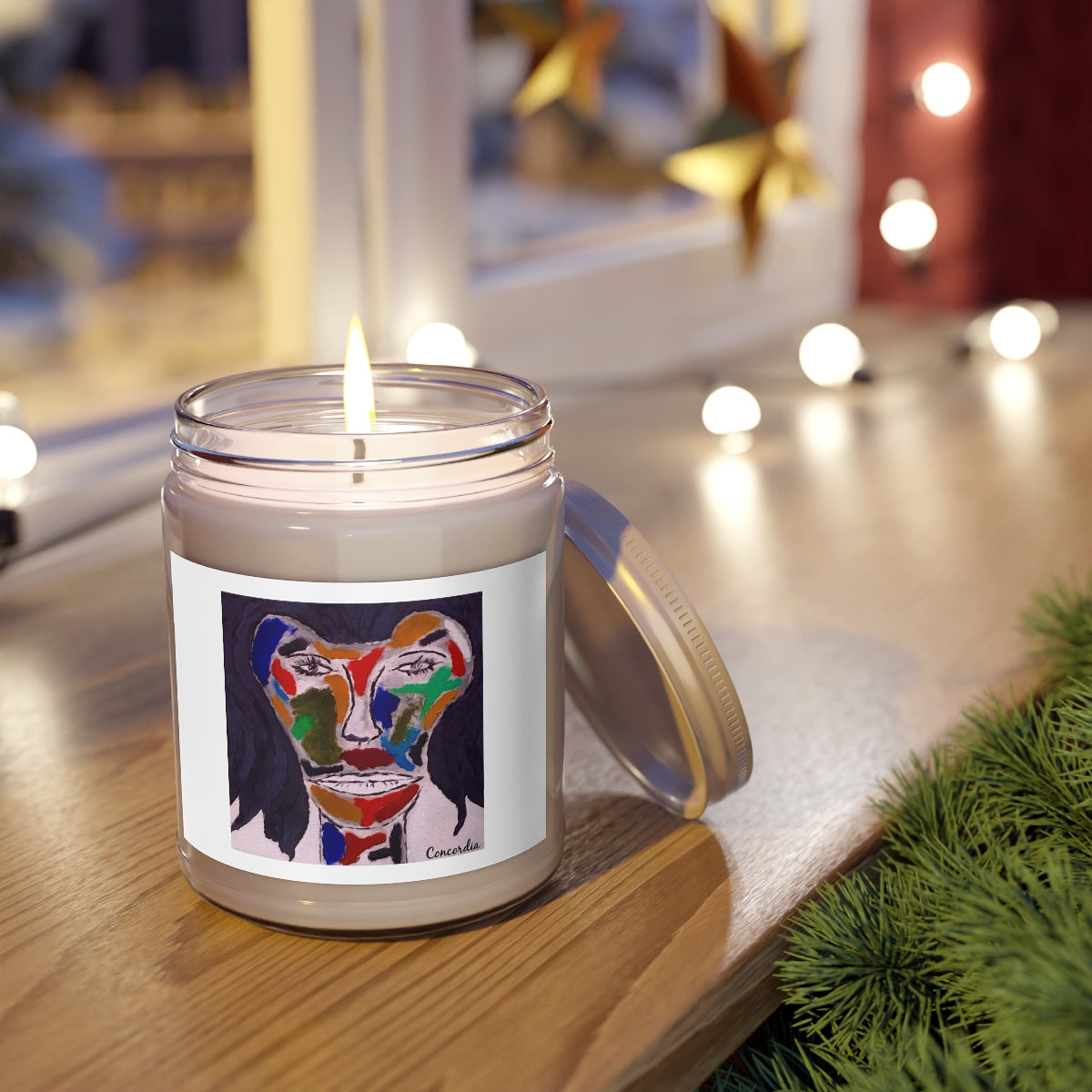 A 9oz scented candle in a custom jar with a cotton wick, showcasing a warm glow and a personalized label.