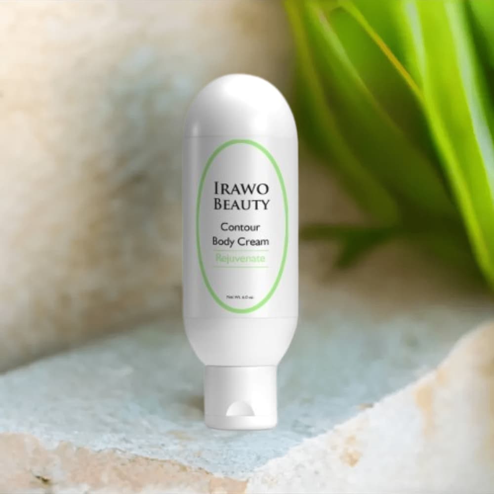 Irawo Beauty Sculpt & Define Contour Body Cream in a sleek container, showcasing its rich texture and botanical ingredients.