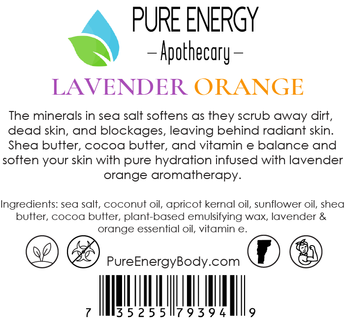 A jar of Lavender Orange Sea Salt Scrub with a refreshing blend of essential oils, showcasing its natural ingredients and texture.