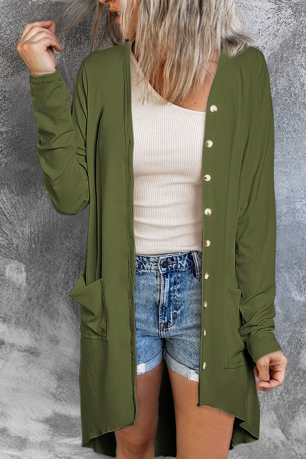 Selected Button Down Pocketed High Low Cardigan in a stylish design with button closure and side pockets, perfect for layering.