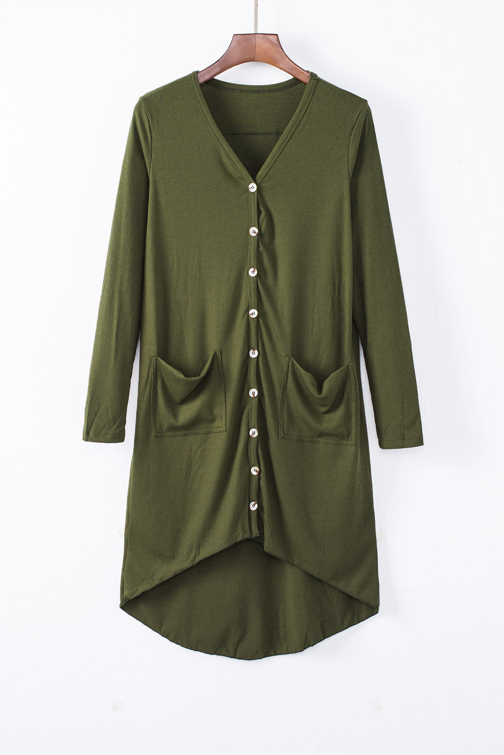 Selected Button Down Pocketed High Low Cardigan in a stylish design with button closure and side pockets, perfect for layering.