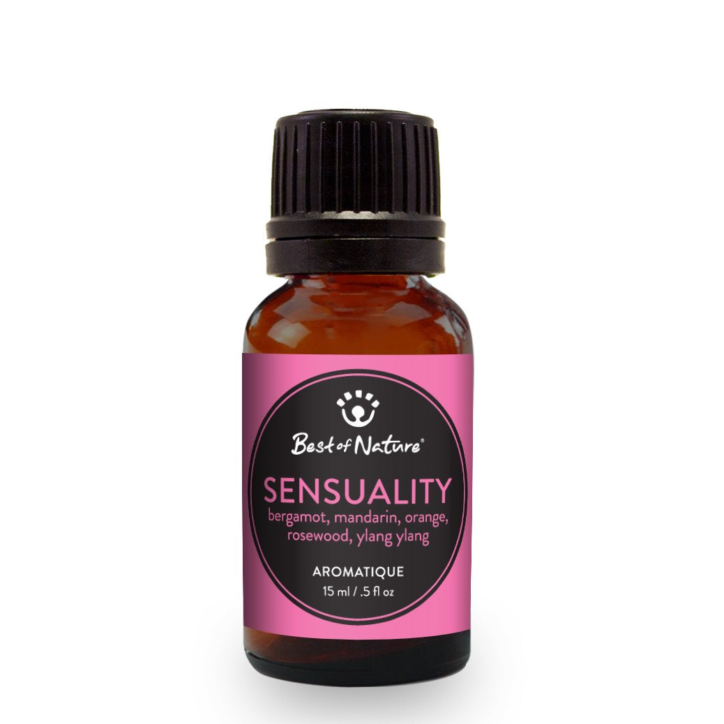 A bottle of Sensuality Aromatique essential oil blend featuring a mix of Bergamot, Mandarin, Orange, Rosewood, and Ylang Ylang oils, elegantly displayed.