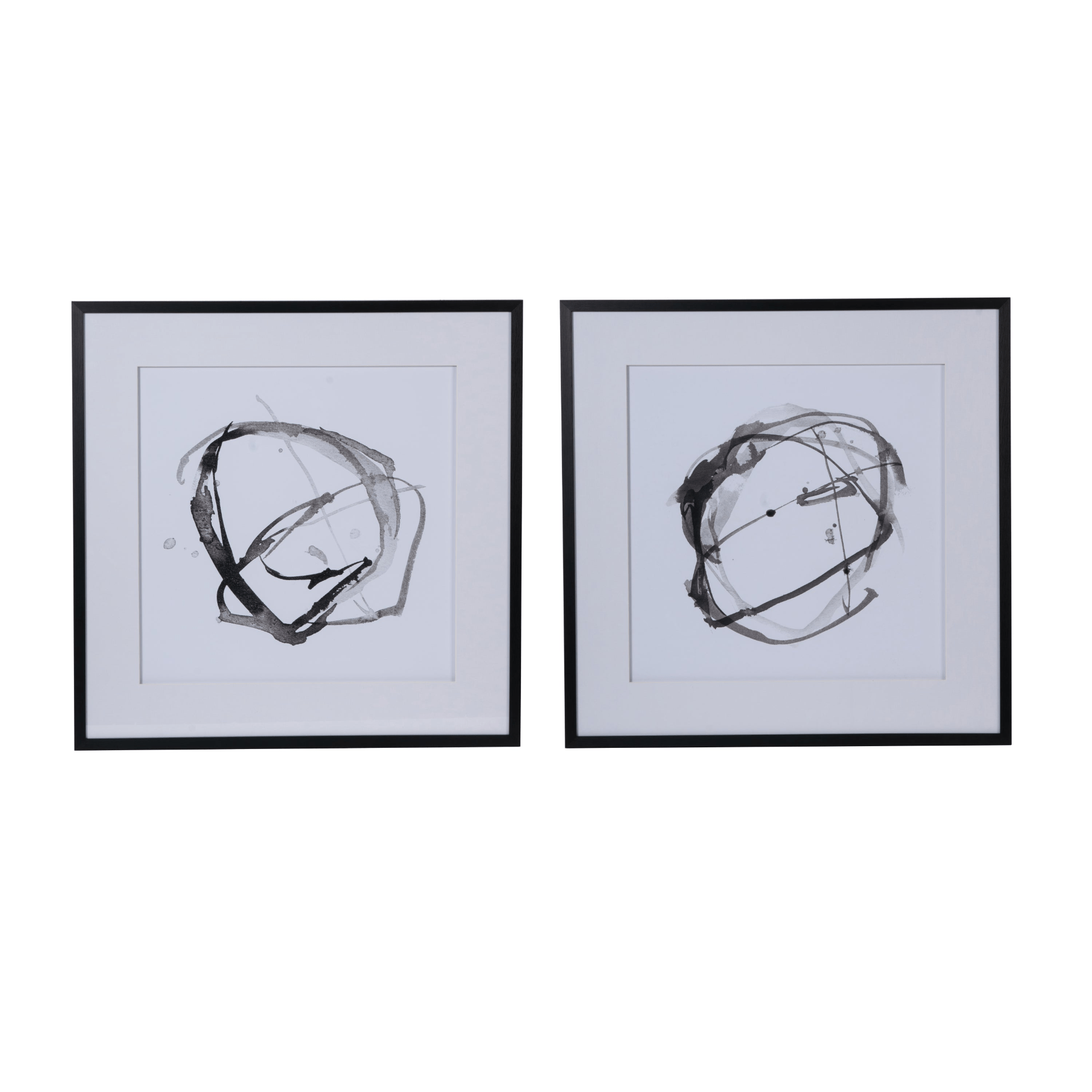 Set of 2 modern abstract wall art prints framed in black, featuring contrasting shades of gray and white, measuring 31.5 inches square.