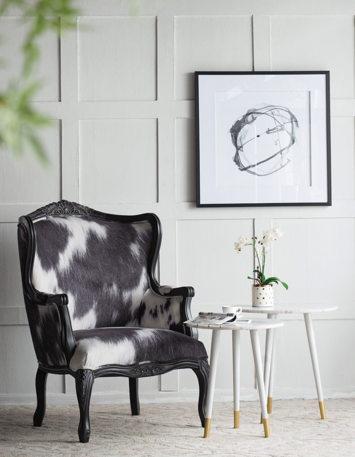 Set of 2 modern abstract wall art prints framed in black, featuring contrasting shades of gray and white, measuring 31.5 inches square.