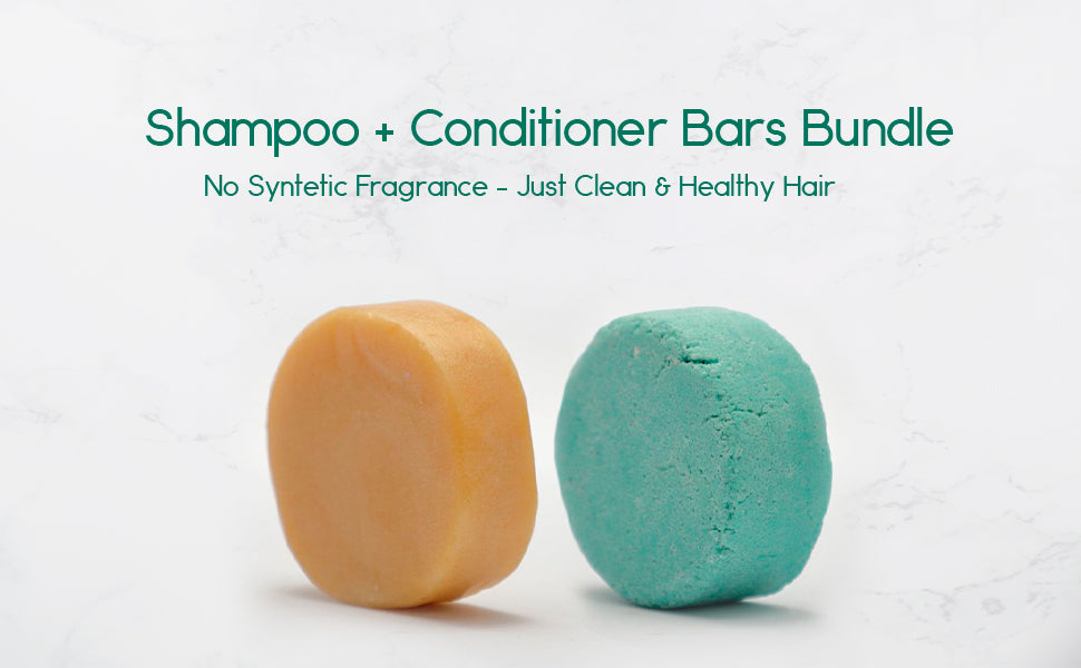A Shampoo Bar & Conditioner Bar Bundle featuring all-natural, handmade bars in eco-friendly packaging, perfect for healthy hair care.