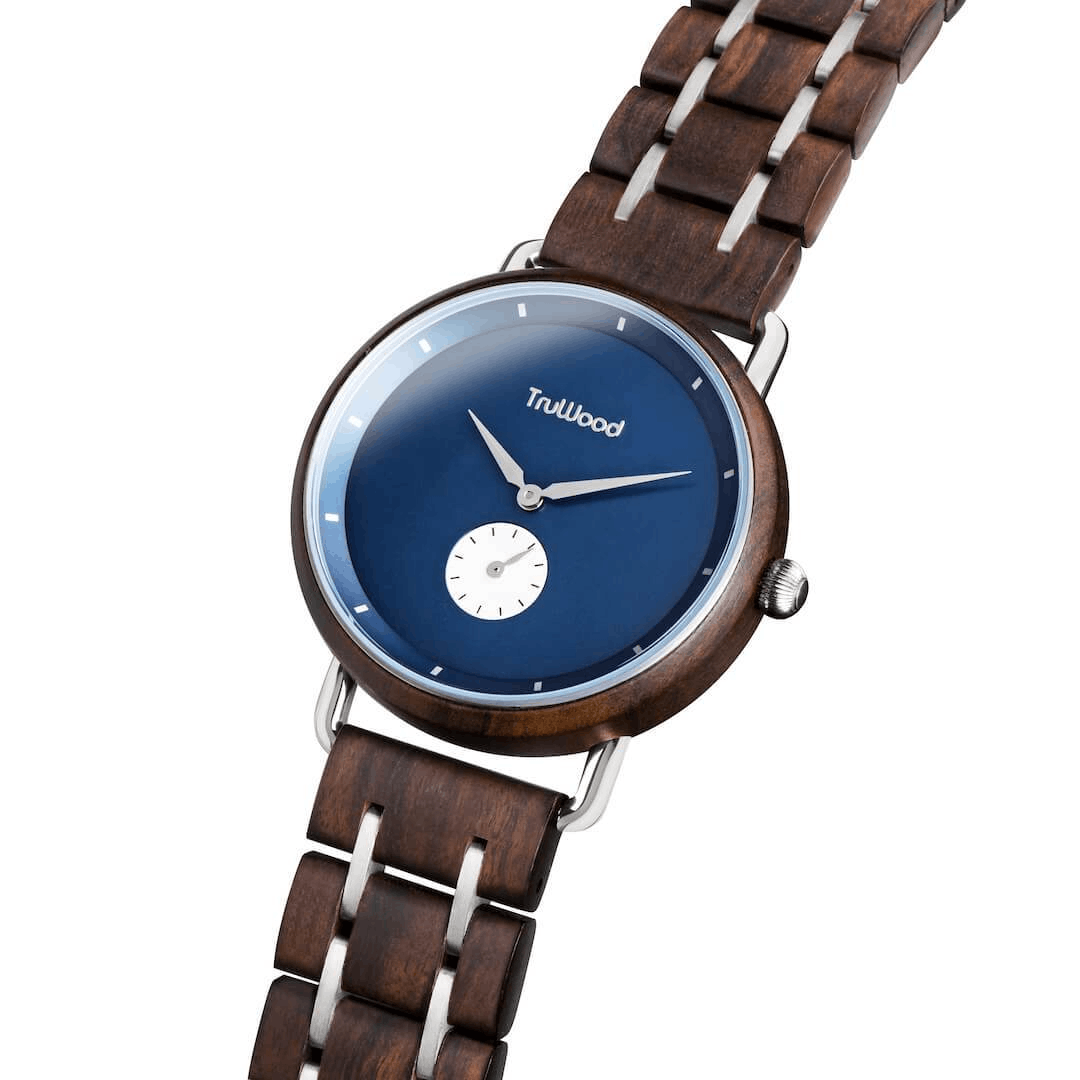 TruWood Sharp Wrist Watch featuring black sandalwood and stainless steel with a navy blue dial and silver accents.