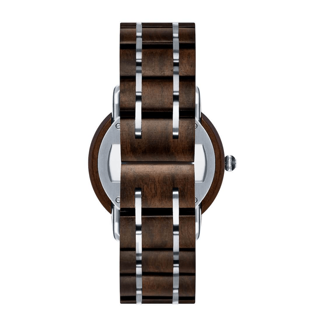 TruWood Sharp Wrist Watch featuring black sandalwood and stainless steel with a navy blue dial and silver accents.