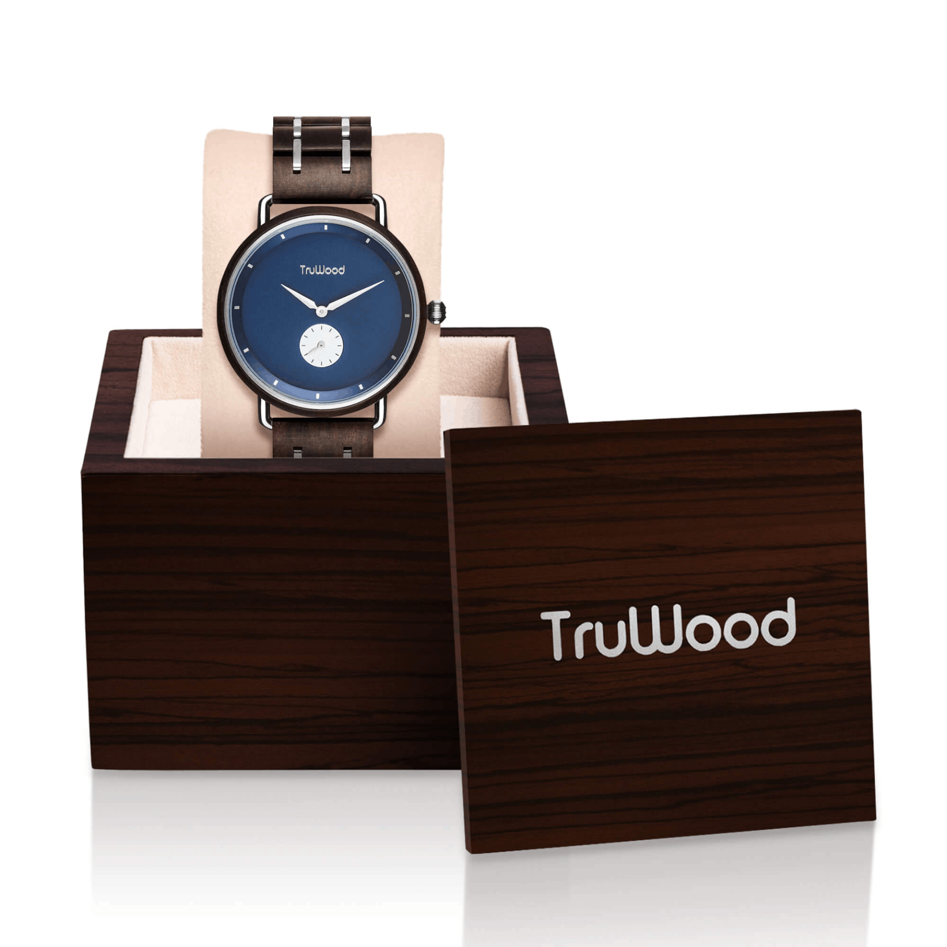 TruWood Sharp Wrist Watch featuring black sandalwood and stainless steel with a navy blue dial and silver accents.