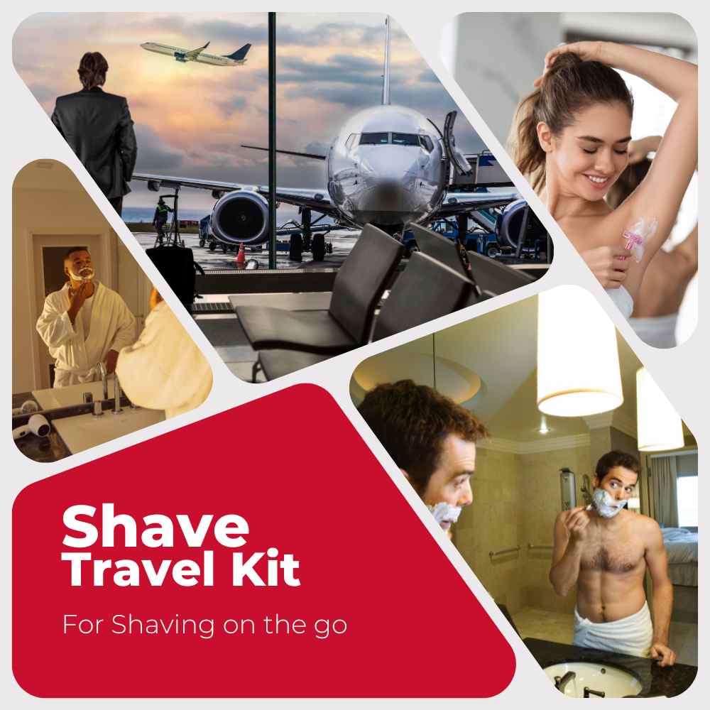 Shave Travel Kit containing a cartridge razor handle, shave cream, aftershave, and face wash in a compact toiletry bag.
