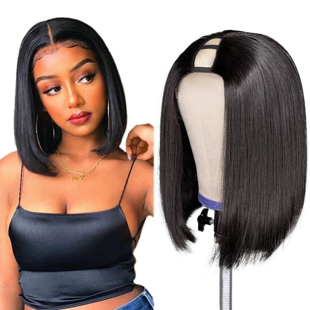 Short Bob U Part Wig made from Brazilian Remy human hair, featuring a natural black color and straight texture, designed for a realistic look.