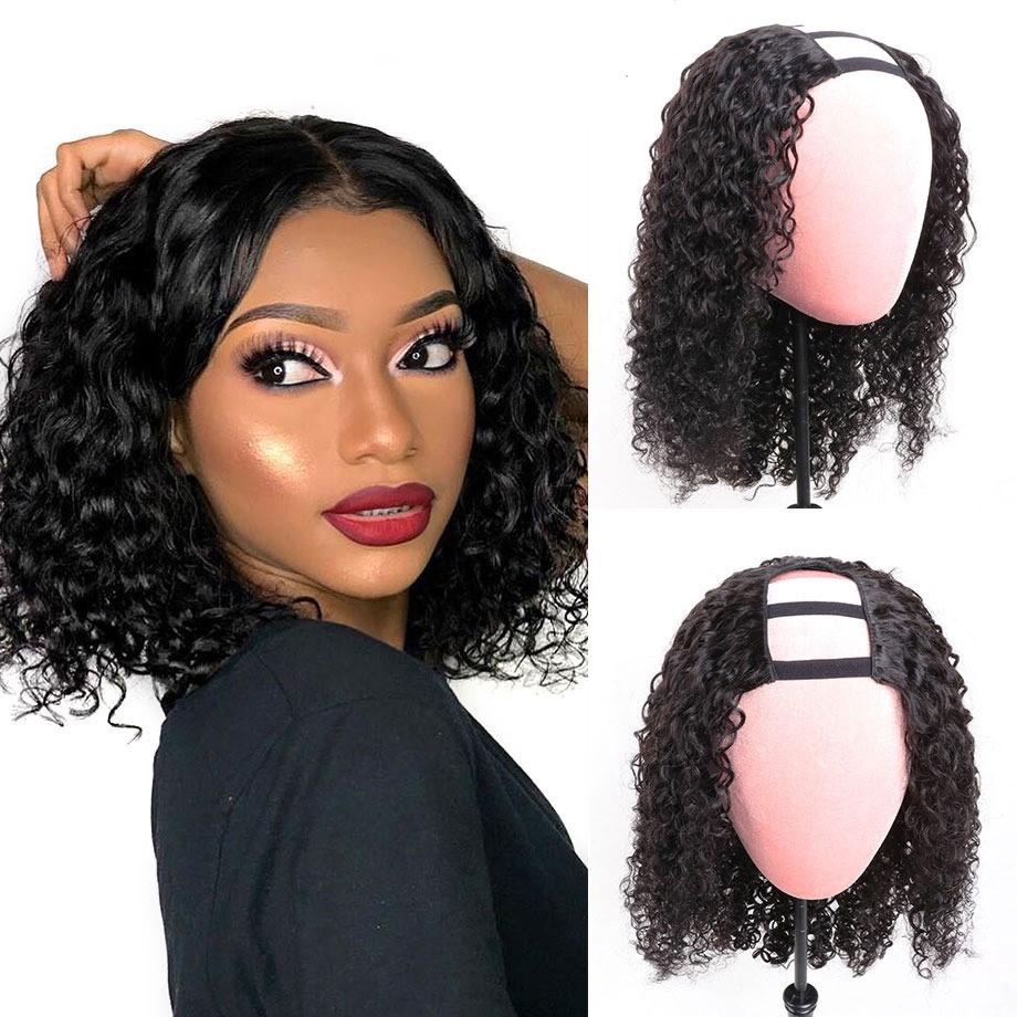 Short Bob U Part Wig made from Brazilian Remy human hair with a water wave texture, showcasing a natural black color and glueless design.