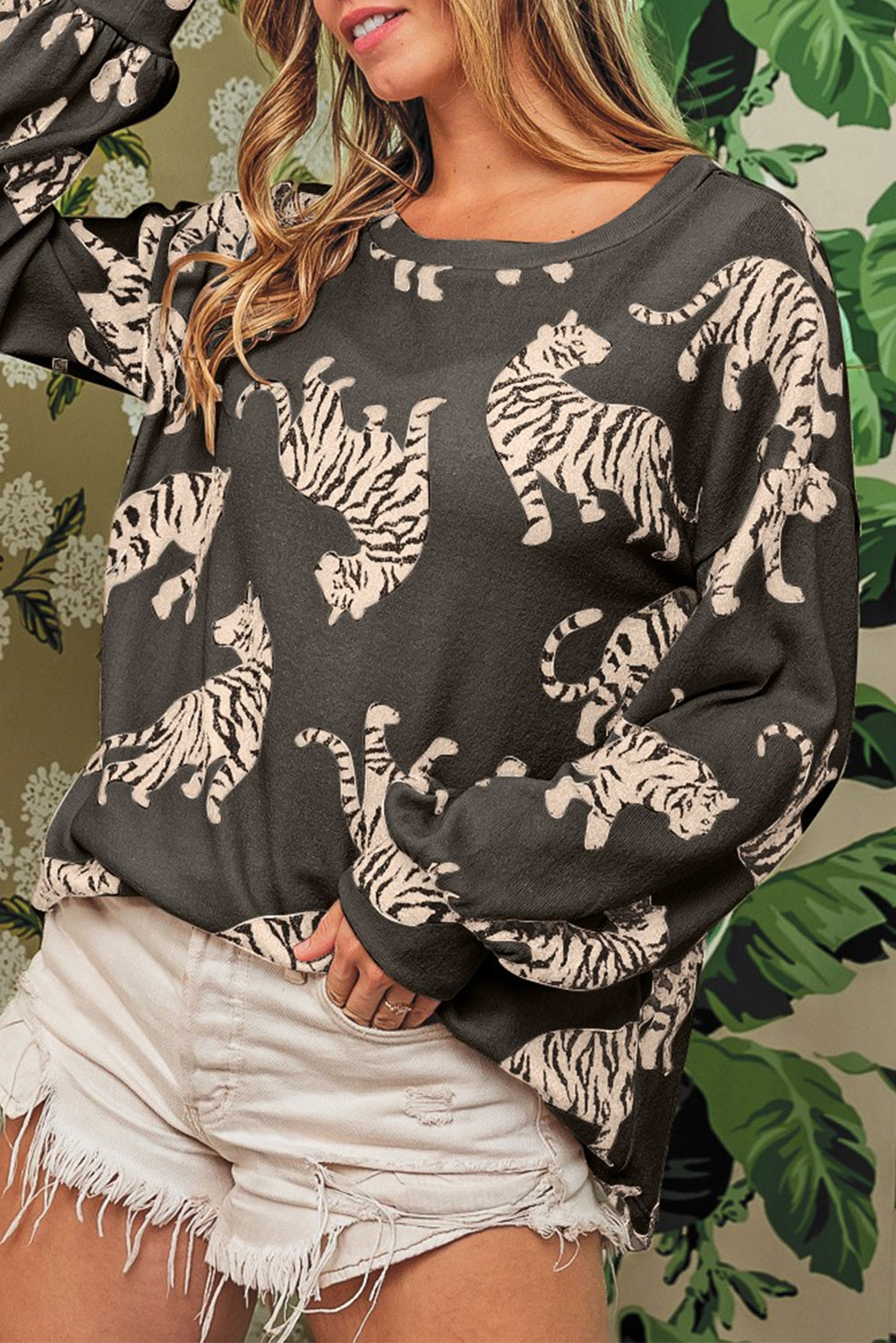 Simply Taupe Lively Tiger Print Casual Sweatshirt featuring a bold animal print design, perfect for casual wear.