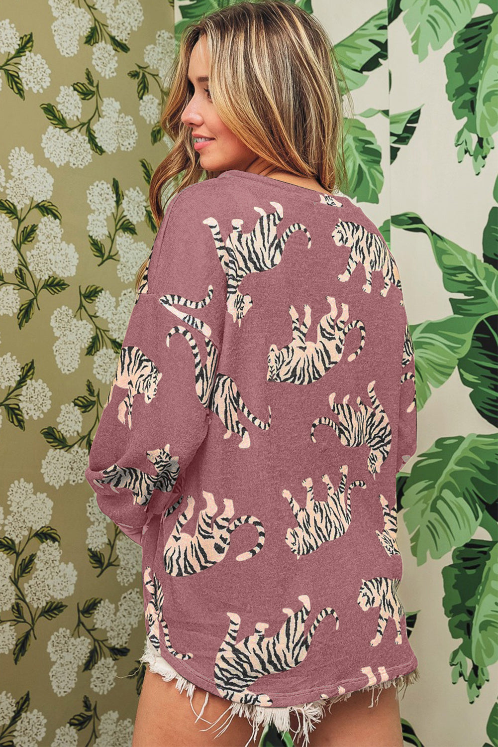 Simply Taupe Lively Tiger Print Casual Sweatshirt featuring a bold animal print design, perfect for casual wear.