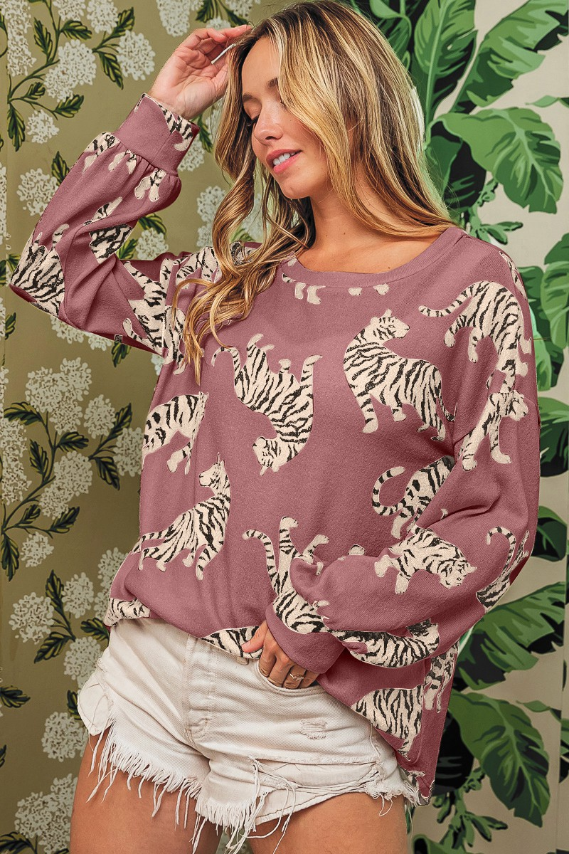 Simply Taupe Lively Tiger Print Casual Sweatshirt featuring a bold animal print design, perfect for casual wear.