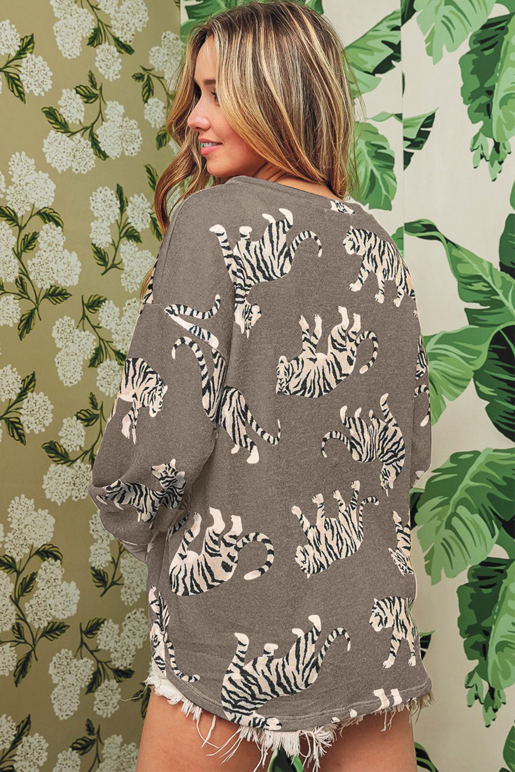 Simply Taupe Lively Tiger Print Casual Sweatshirt featuring a bold animal print design, perfect for casual wear.