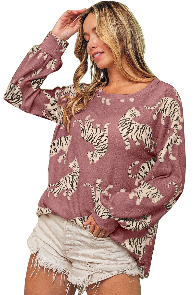 Simply Taupe Lively Tiger Print Casual Sweatshirt featuring a bold animal print design, perfect for casual wear.