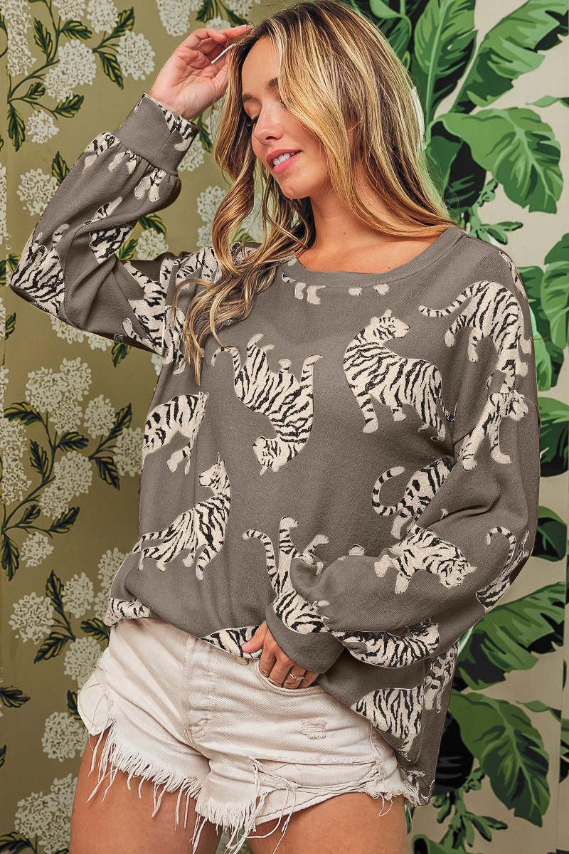 Simply Taupe Lively Tiger Print Casual Sweatshirt featuring a bold animal print design, perfect for casual wear.