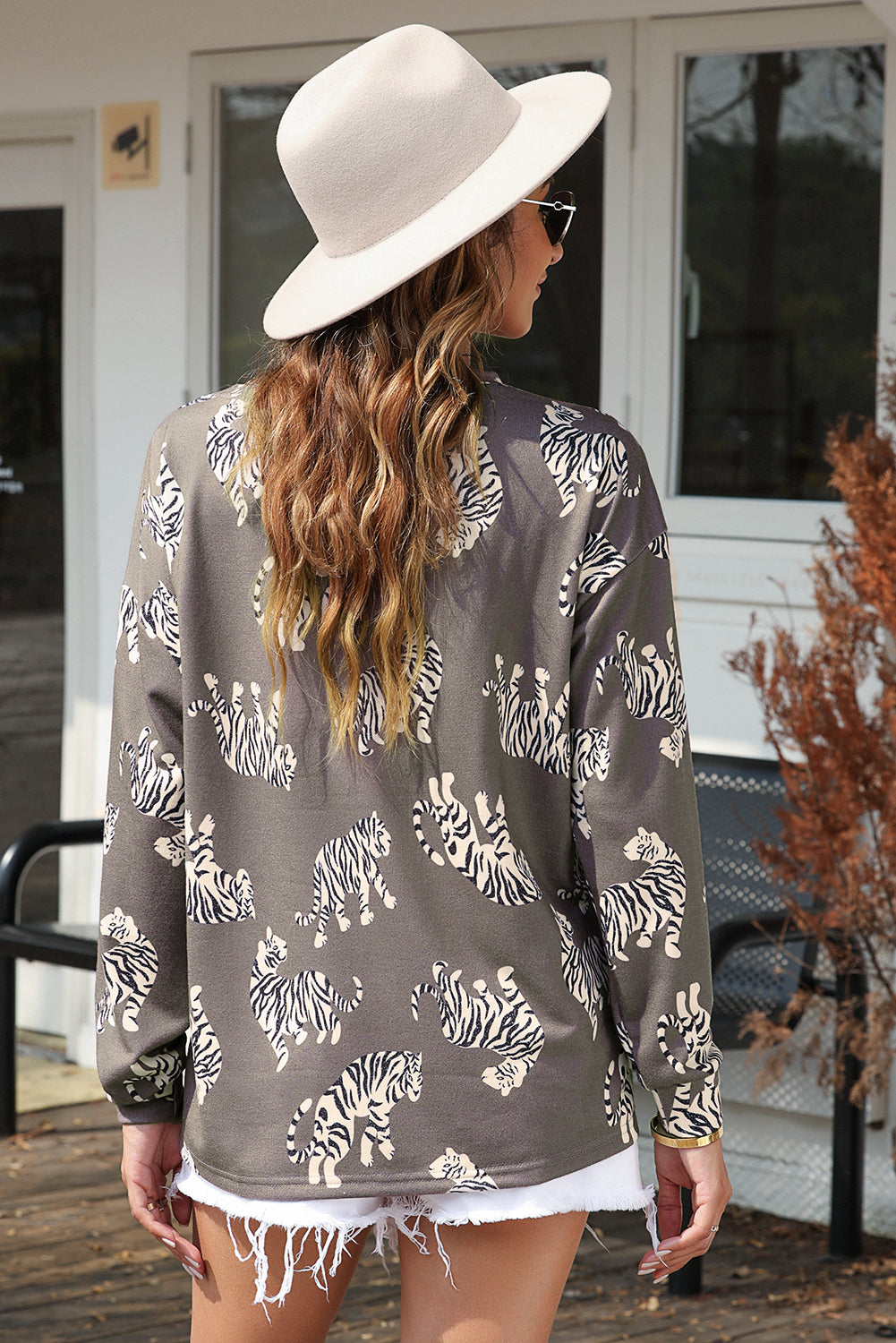 Simply Taupe Lively Tiger Print Casual Sweatshirt featuring a bold animal print design, perfect for casual wear.
