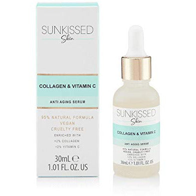 Sunkissed Skin Anti Aging Collagen + Vitamin C Face Serum bottle with a dropper, showcasing its elegant design and vibrant packaging.