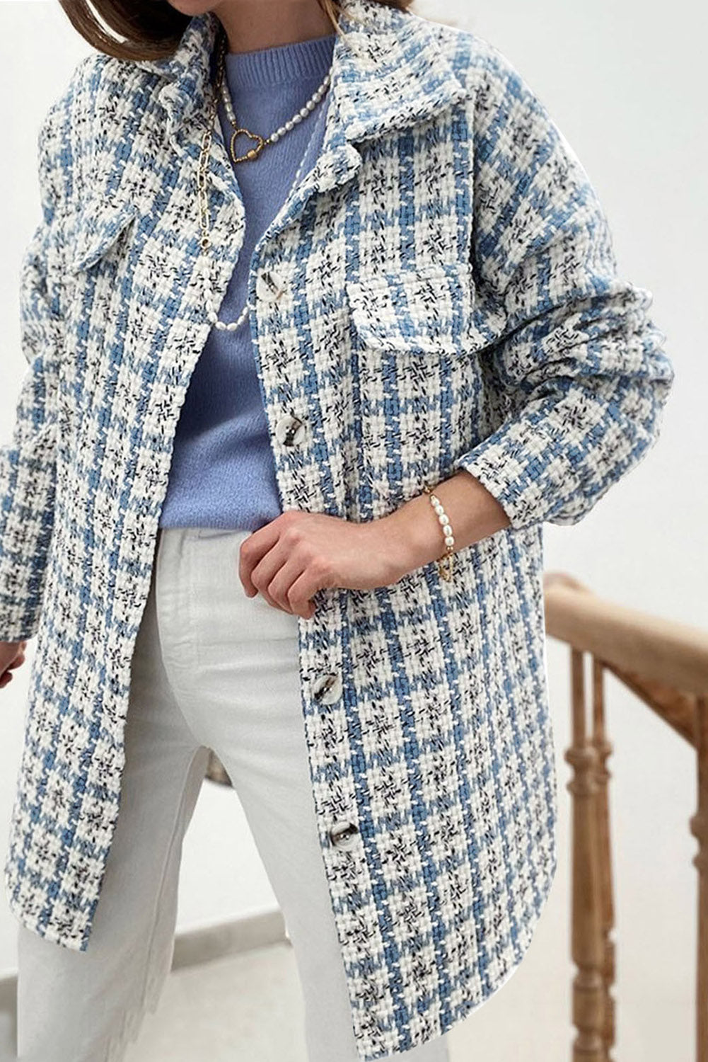 Sky Blue Plaid Print Button Knitted Jacket with Pocket, showcasing its stylish design and soft knitted fabric.