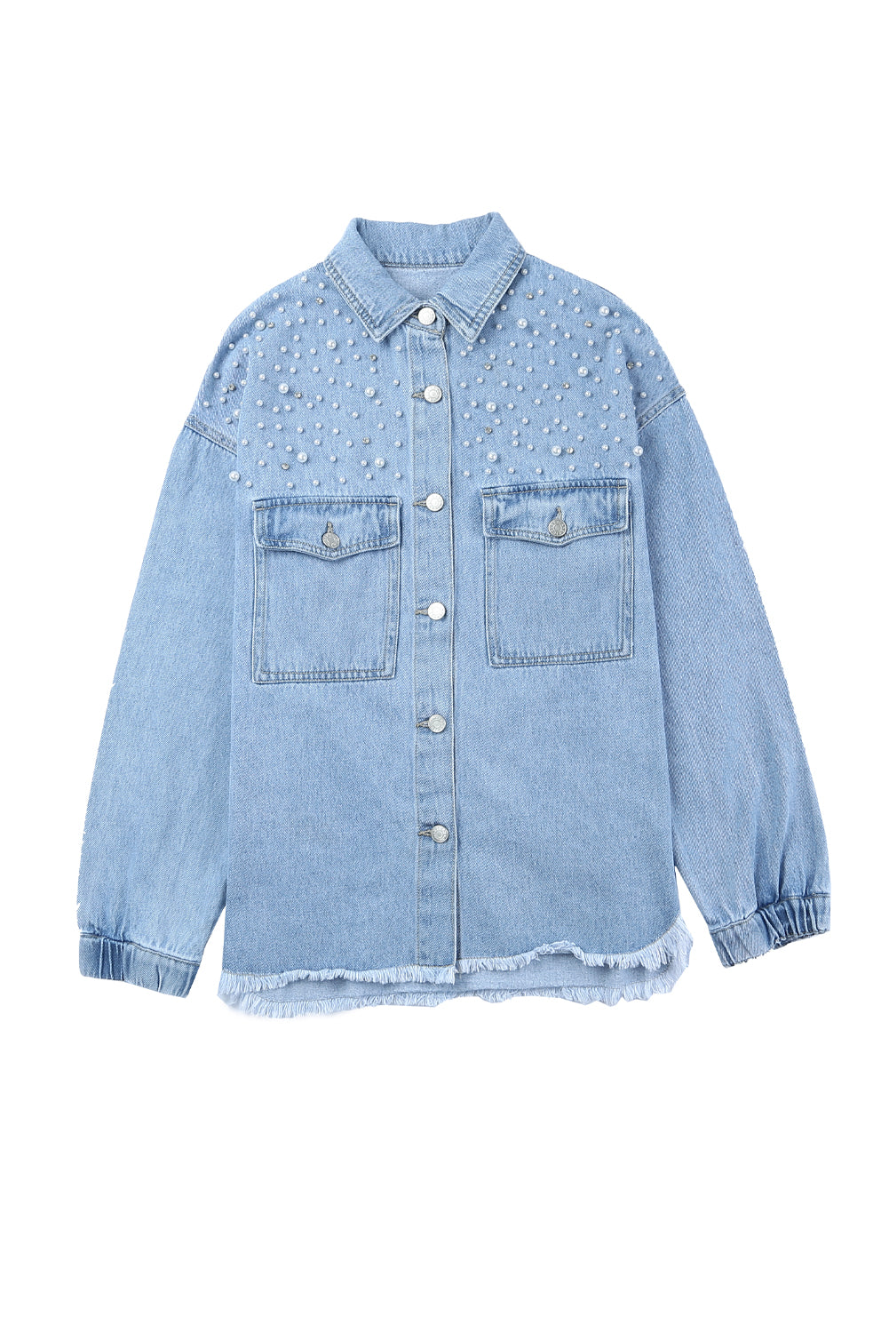 Sky blue denim shacket embellished with rhinestones and pearls, featuring a raw hemline and flap pockets.